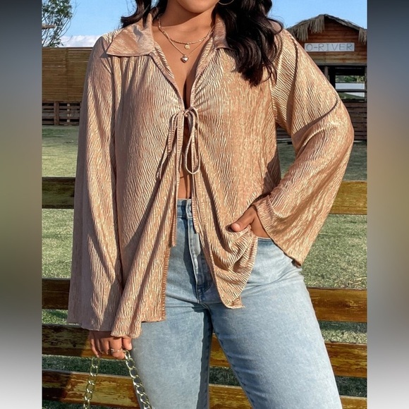 SHEIN Tops - 4XL Crinkle Satin Tie Front Top Blouse Brown Bronze Plus Size Oversized